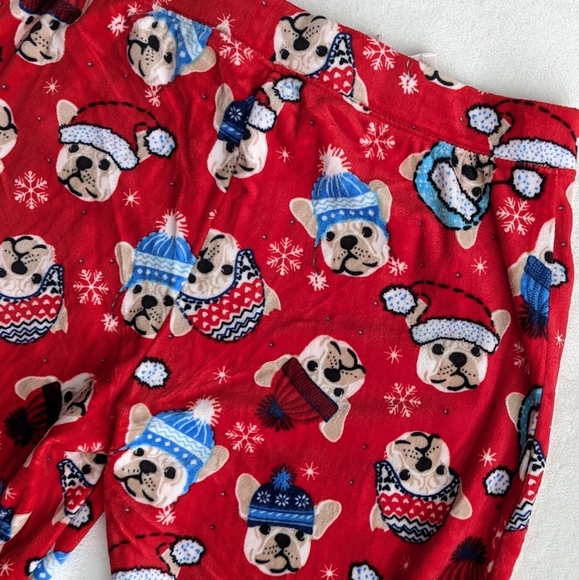 Novogratz Lounge Joggers Frenchie Winter Print Plush Elastic Waist Red M NWT - Picture 11 of 15